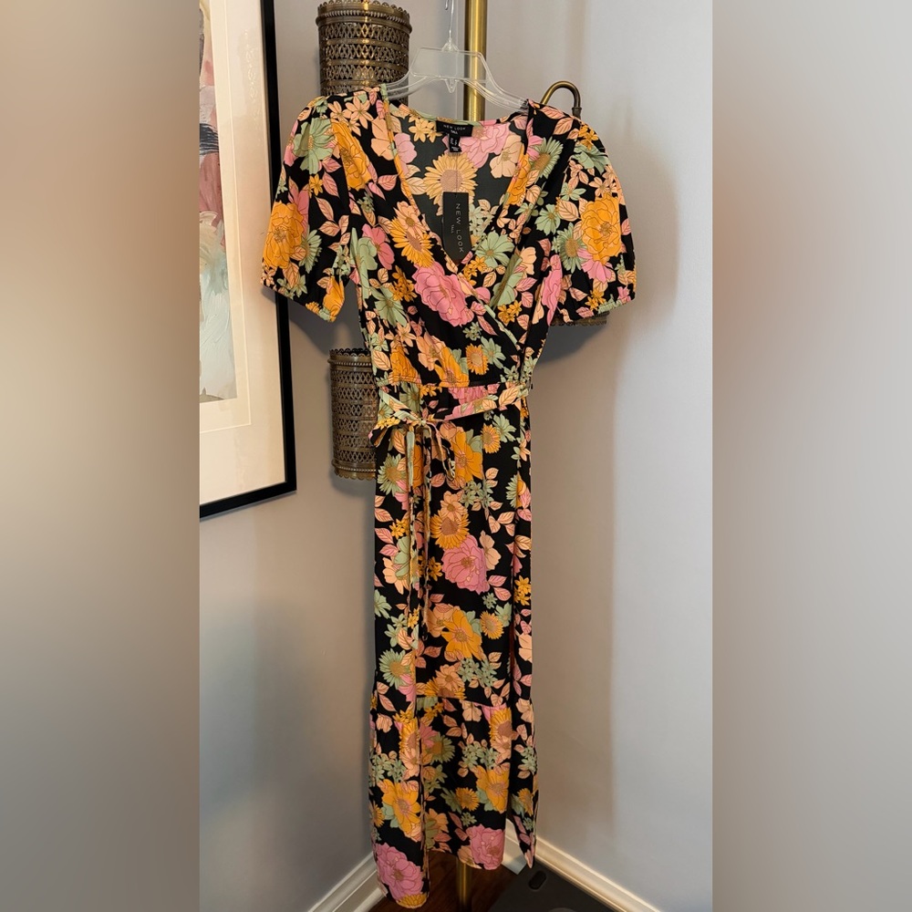 NWT, New Look Black Floral Midi Dress, sz 4 tall
